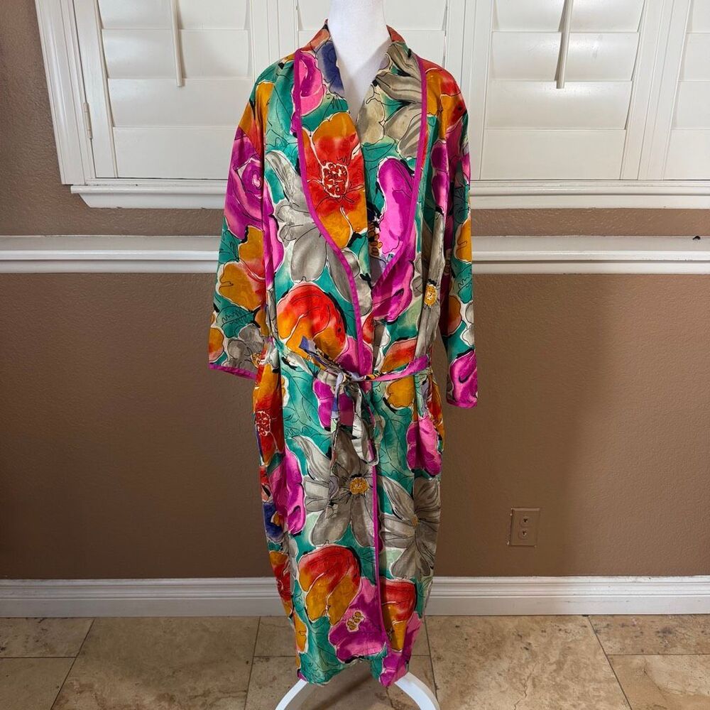 Victorias Secret 100% Silk Bold Colorful Floral Kimono Robe Sz S Maximalist Boho